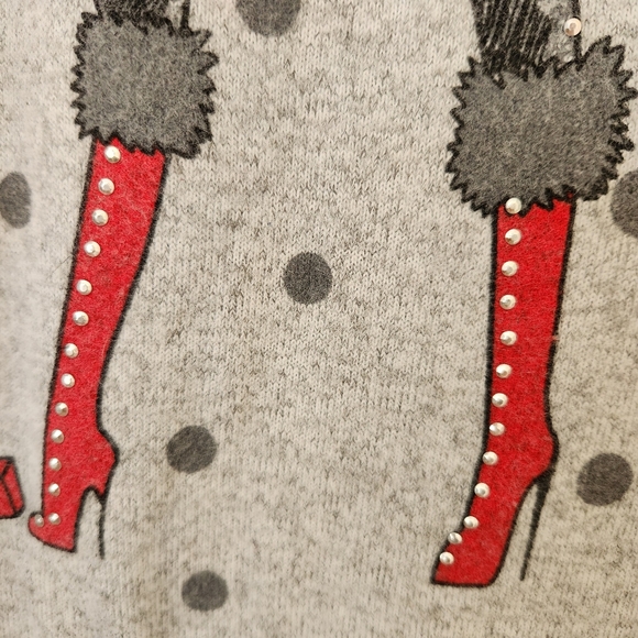Holiday Sweater Girl & Dog Polka Dots Gray Studs Studded Sparkle Girly Glam L - Picture 7 of 16